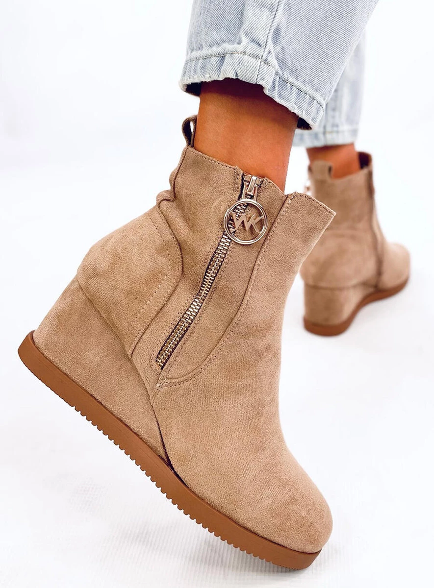 Botki na koturnie ze złotym suwakiem VAVIN KHAKI - obrazek 2