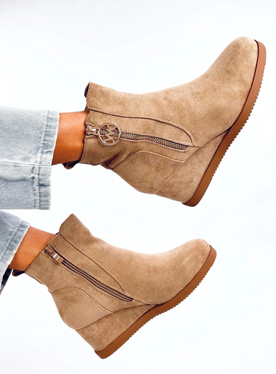 Botki na koturnie ze złotym suwakiem VAVIN KHAKI - obrazek 4