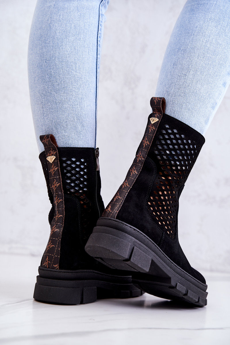 Skórzane Botki Workery Nicole Czarne 2711 - obrazek 5