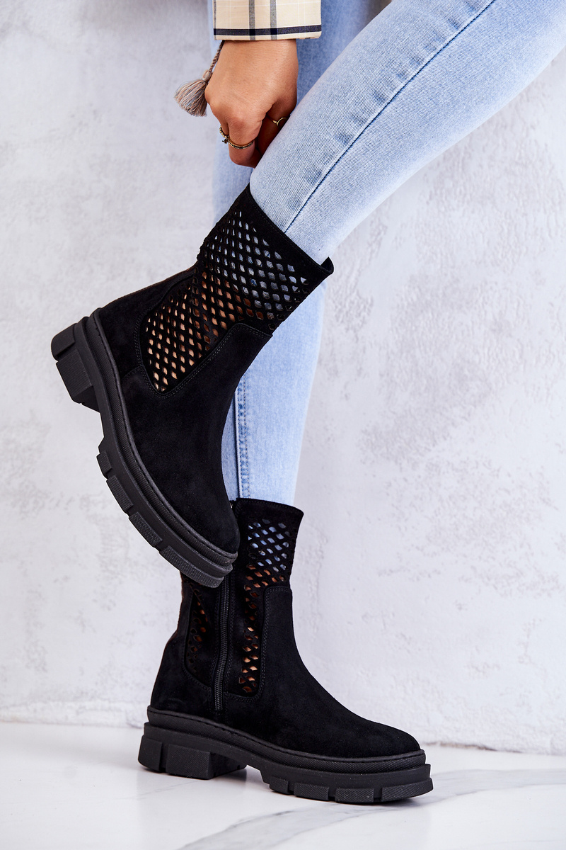 Skórzane Botki Workery Nicole Czarne 2711 - obrazek 2