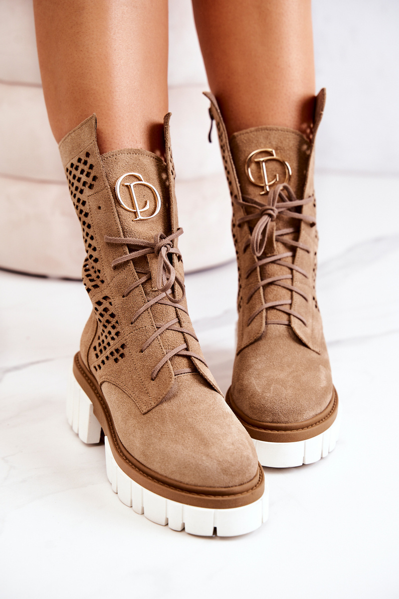 Skórzane Wysokie Botki Workery Nicole Jasnobrązowe 2706 - obrazek 10