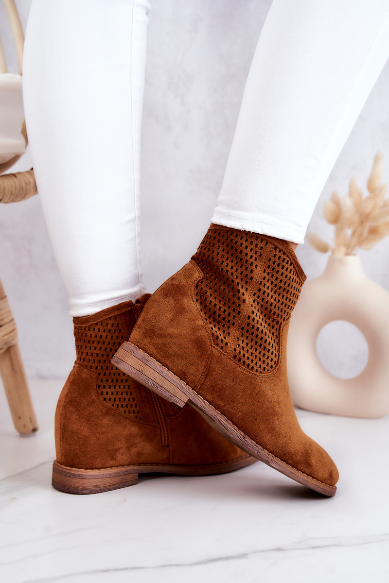 Zamszowe Damskie Botki Ukryty Koturn Camel Solene - obrazek 7