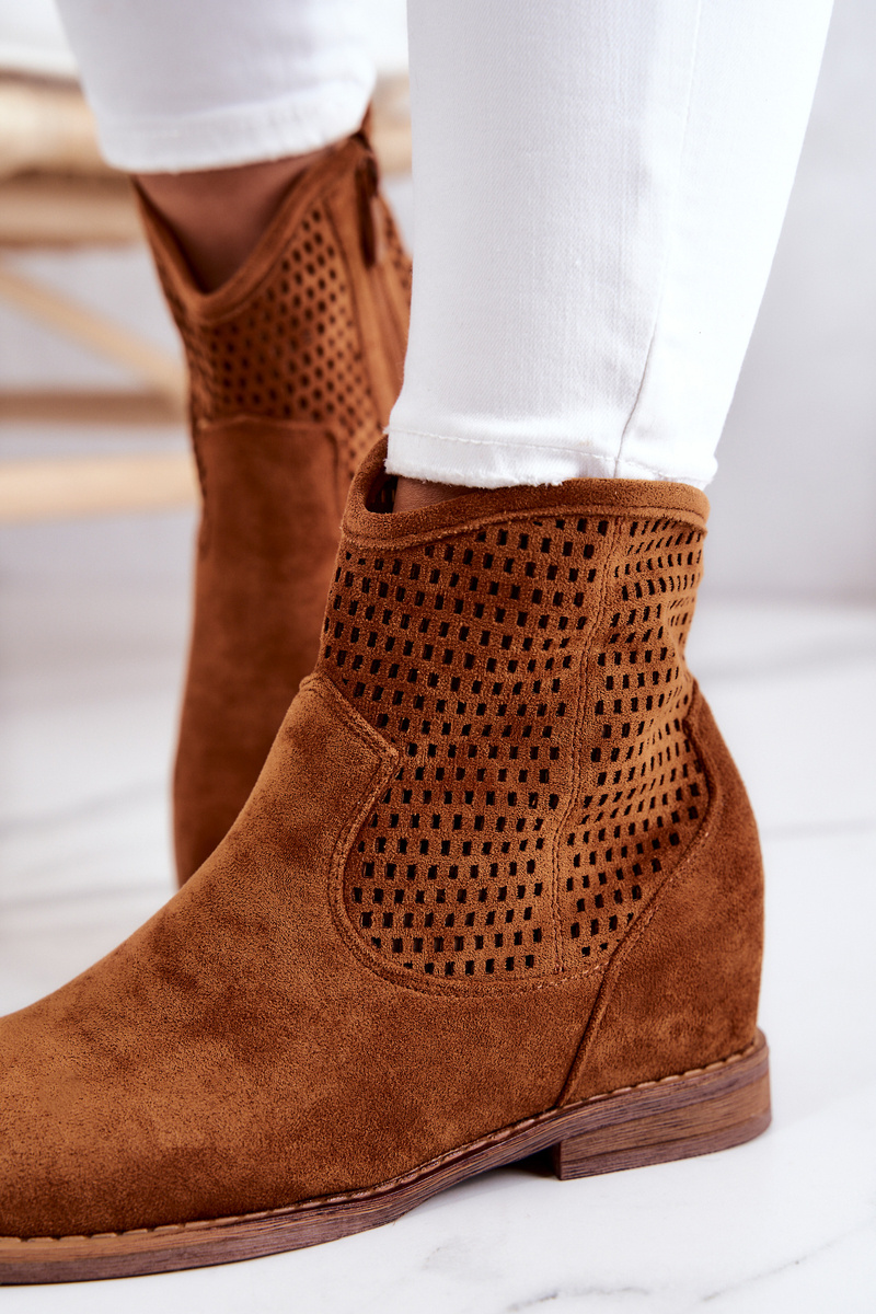 Zamszowe Damskie Botki Ukryty Koturn Camel Solene - obrazek 8