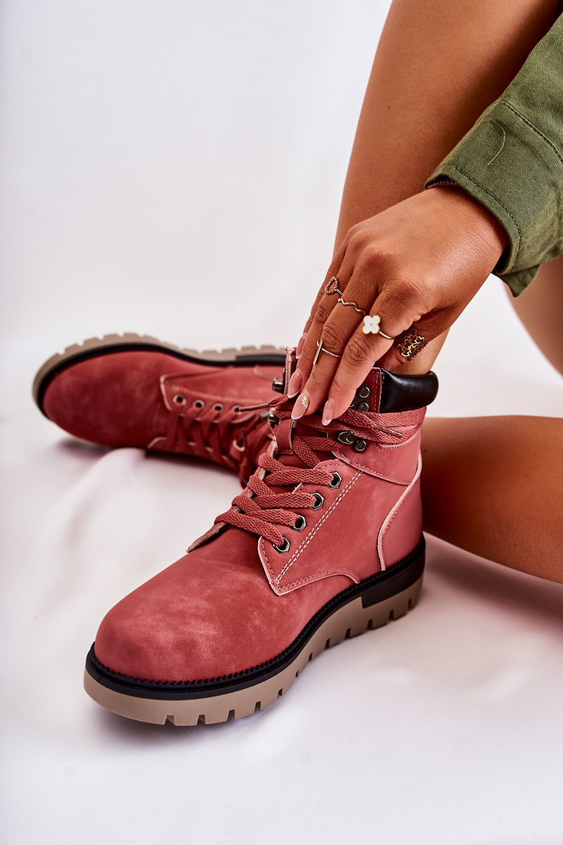 Skórzane Botki Na Platformie Czerwone Ressa - obrazek 3