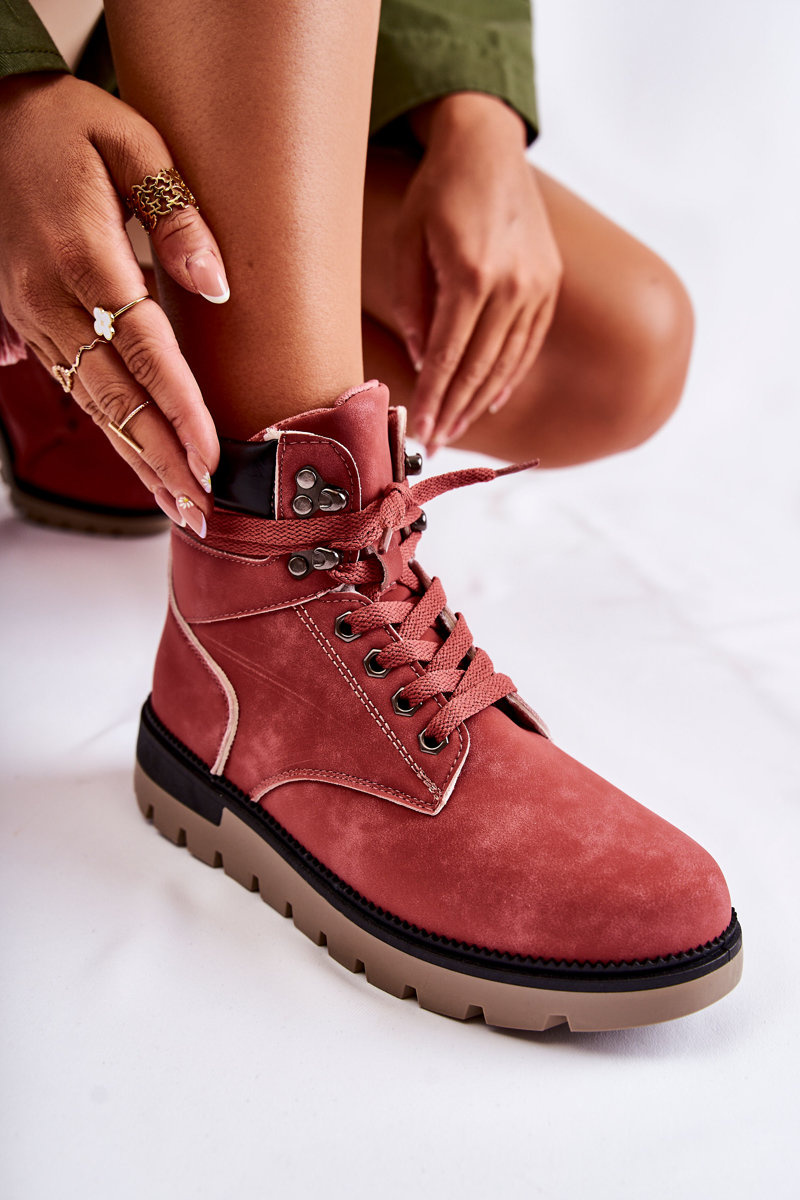 Skórzane Botki Na Platformie Czerwone Ressa - obrazek 5