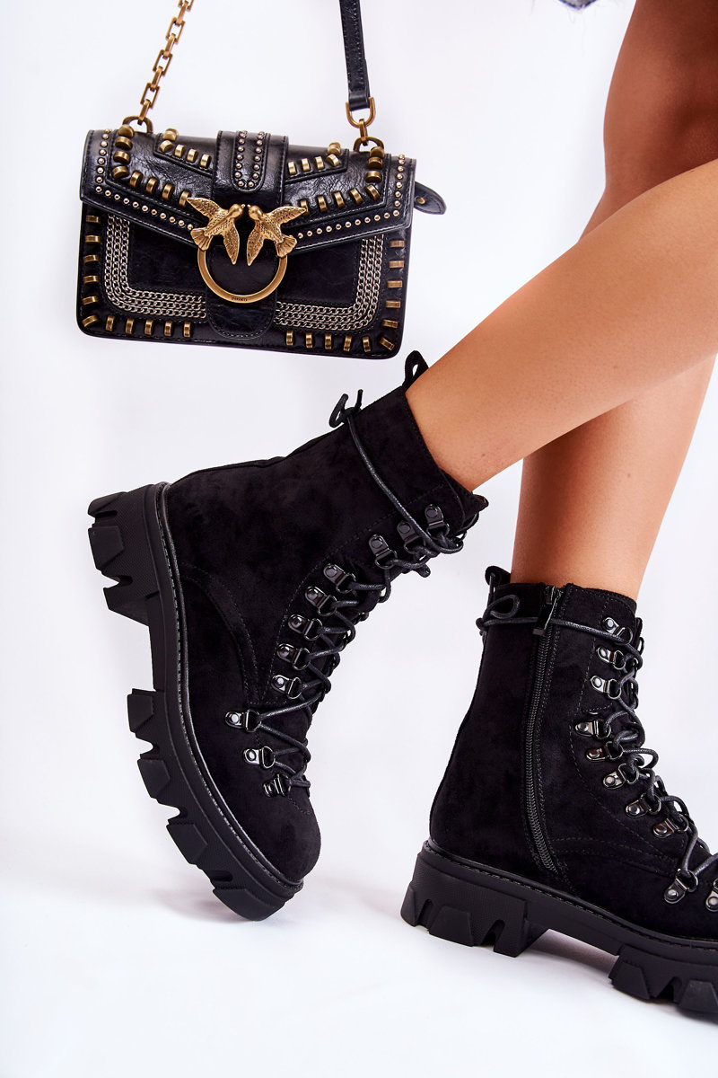 Ocieplane Zamszowe Botki Workery Wiązane Czarne Pierro - obrazek 3