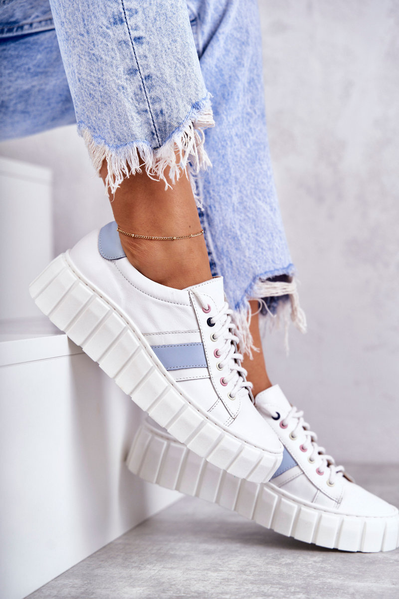 Damskie Skórzane Buty Sportowe Wiązane Biało-Niebieskie Ariva - obrazek 6