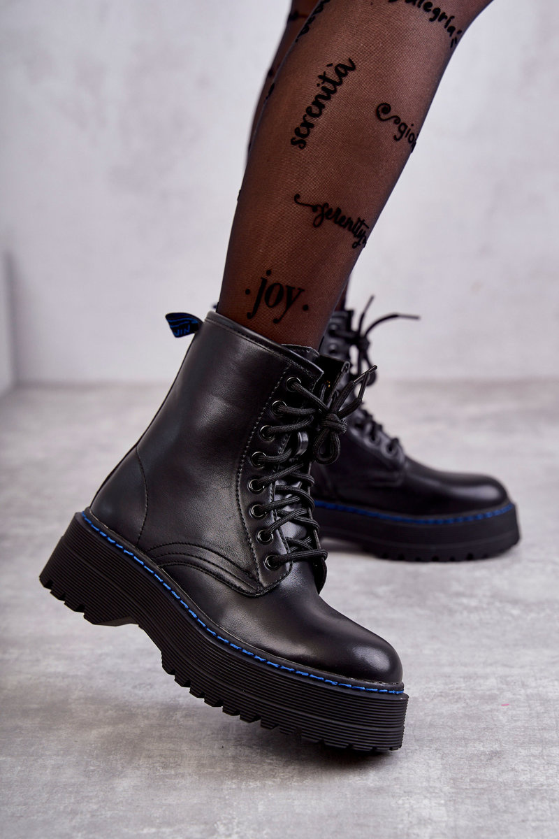 Damskie Wiązane Botki Glany Czarne Callie - obrazek 4