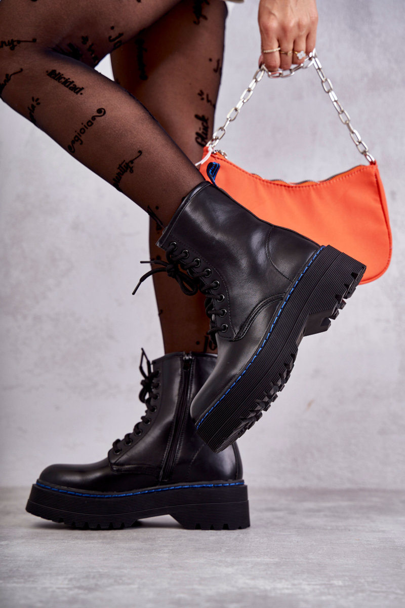 Damskie Wiązane Botki Glany Czarne Callie - obrazek 6