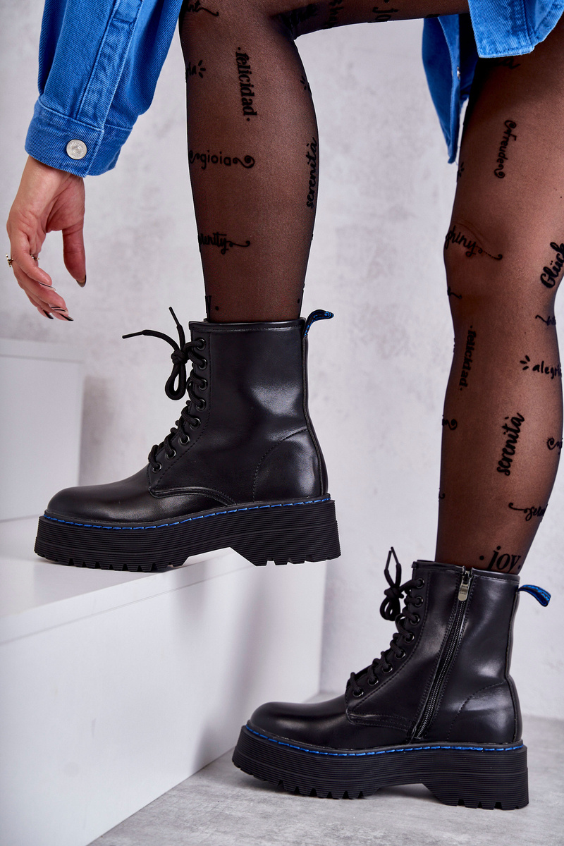 Damskie Wiązane Botki Glany Czarne Callie - obrazek 2