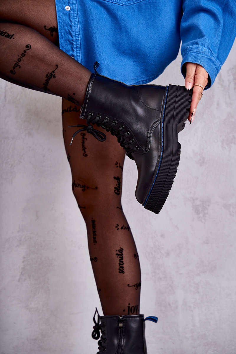 Damskie Wiązane Botki Glany Czarne Callie - obrazek 3