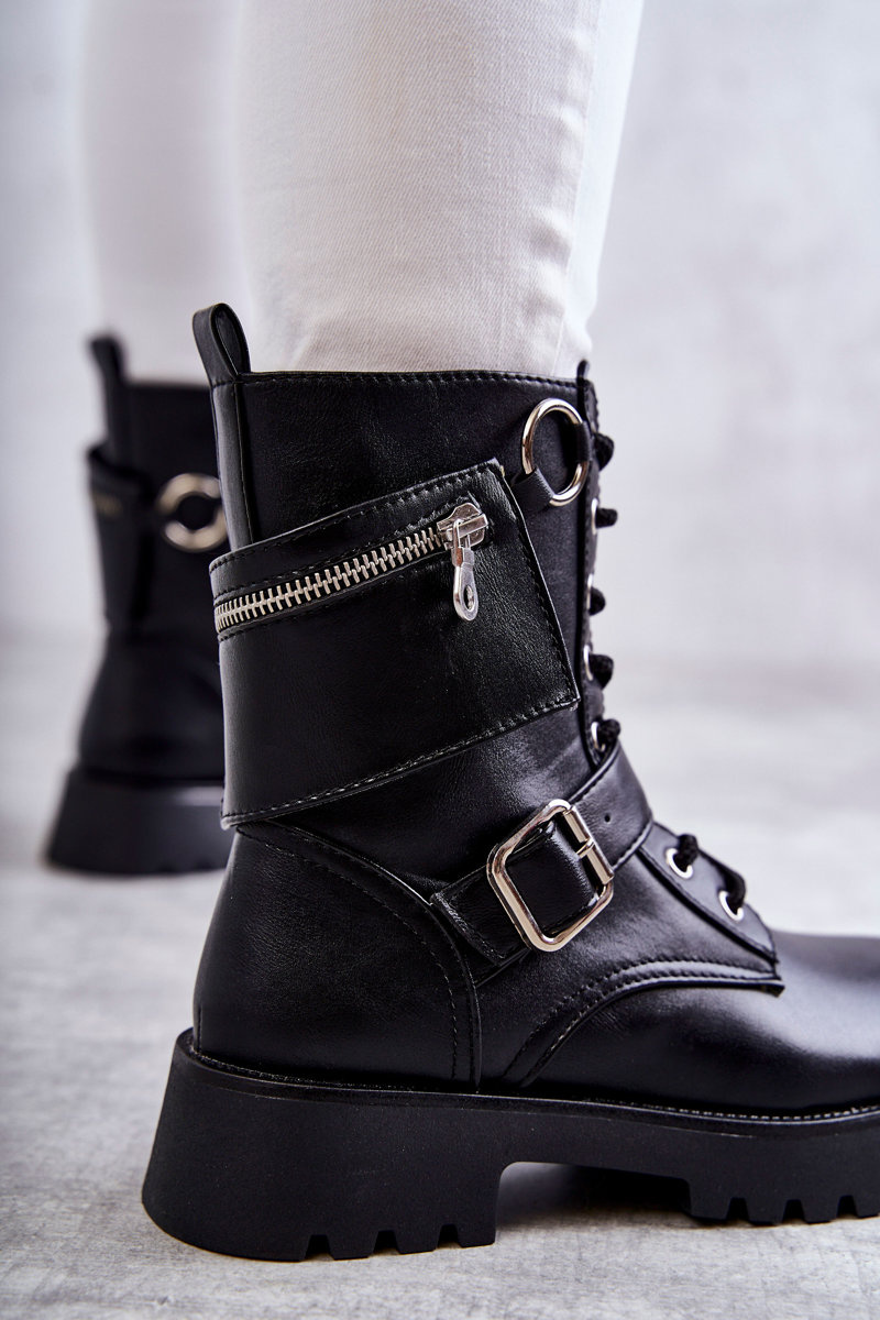 Skórzane Botki Na Płaskim Obcasie Czarne Marlis - obrazek 8