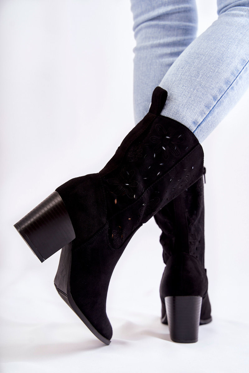 Damskie Zamszowe Botki Kowbojki W Kwiaty Czarne Ariane - obrazek 6