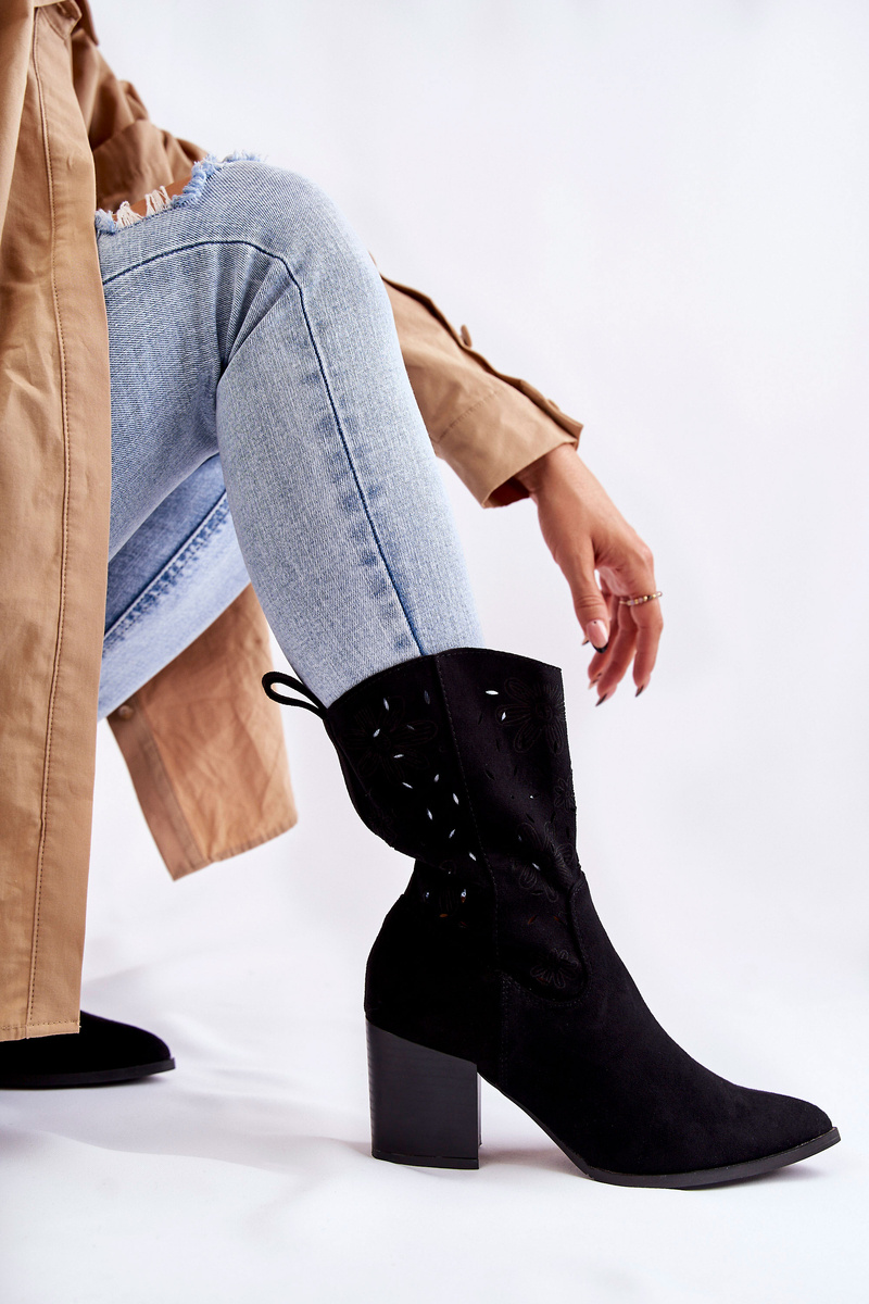 Damskie Zamszowe Botki Kowbojki W Kwiaty Czarne Ariane - obrazek 2