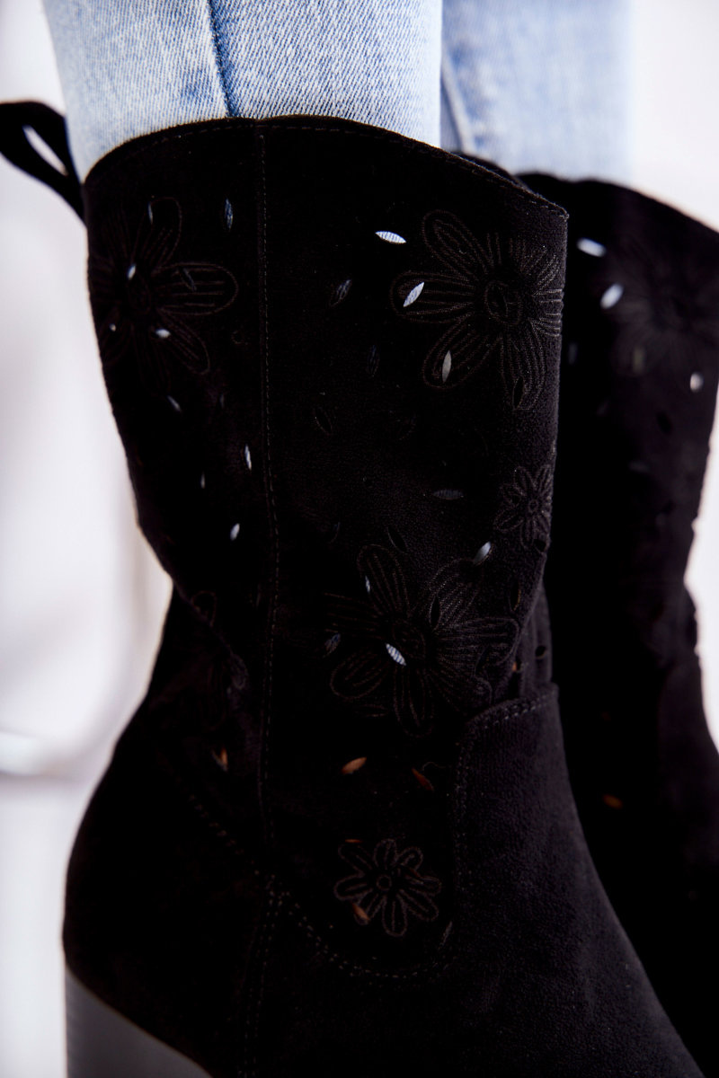 Damskie Zamszowe Botki Kowbojki W Kwiaty Czarne Ariane - obrazek 7