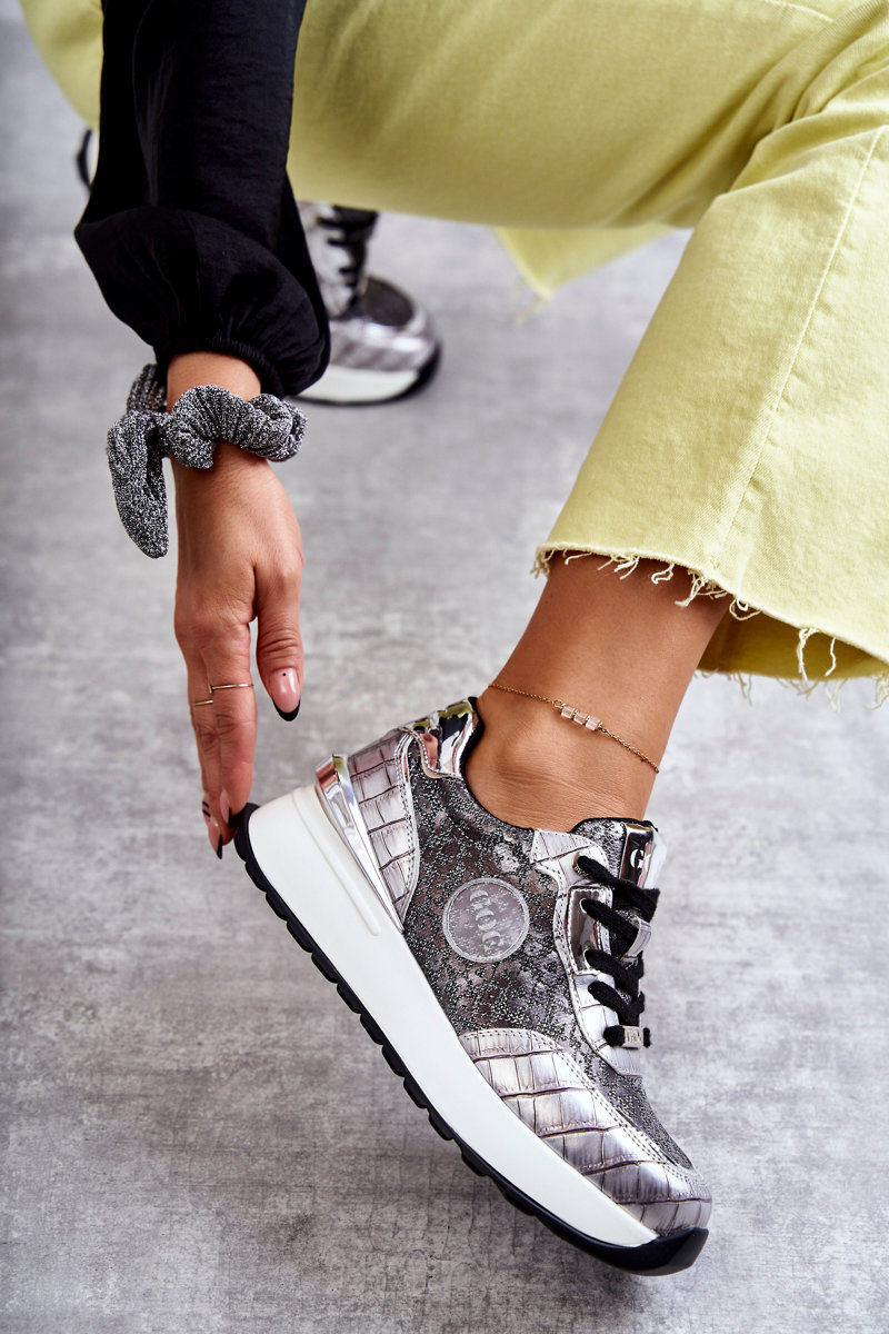 Damskie Buty Sportowe Na Koturnie GOE KK2N4083 Srebrne - obrazek 5