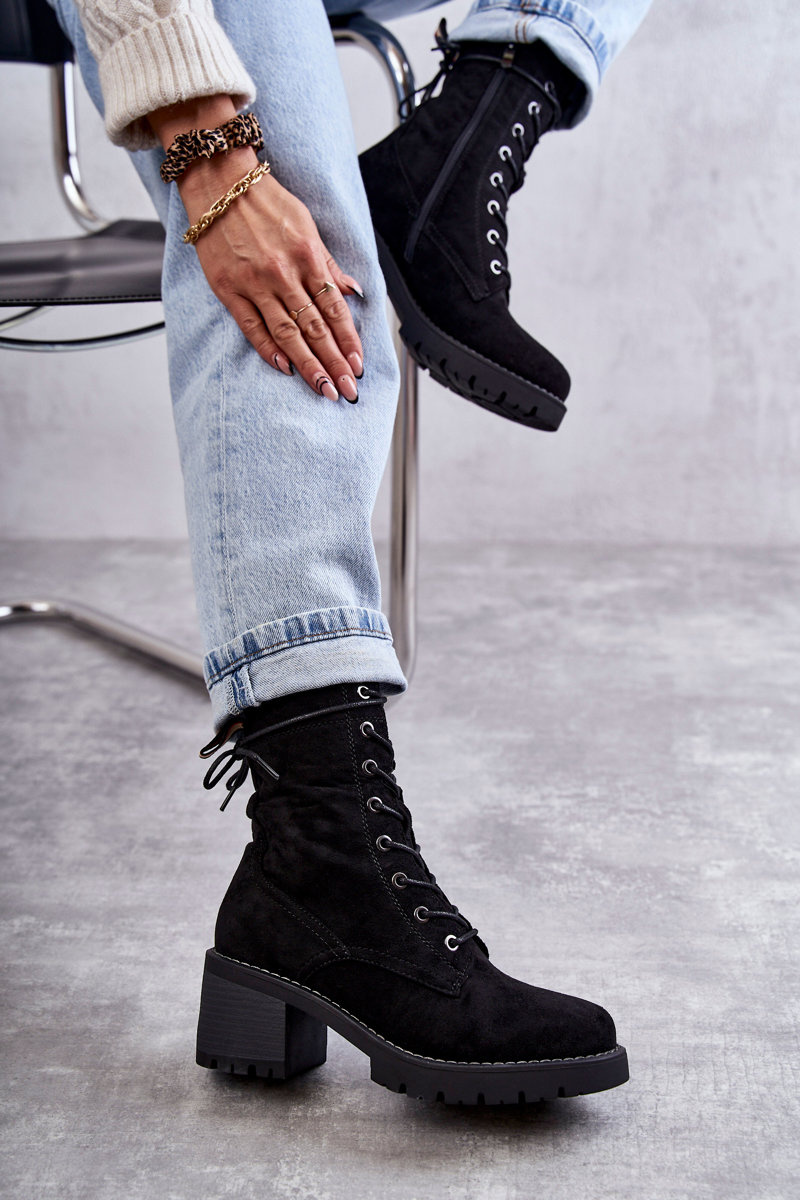 Damskie Ocieplane Botki Trapery Na Obcasie Czarne Julieta - obrazek 5