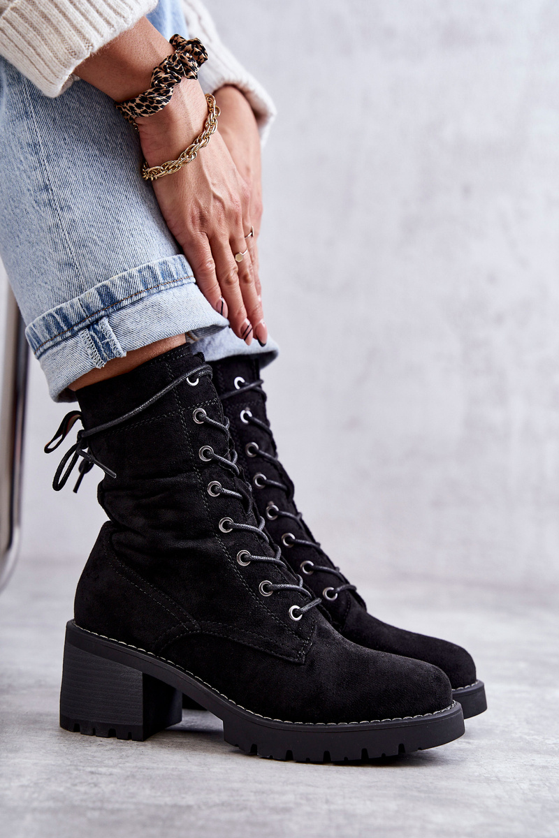Damskie Ocieplane Botki Trapery Na Obcasie Czarne Julieta - obrazek 6