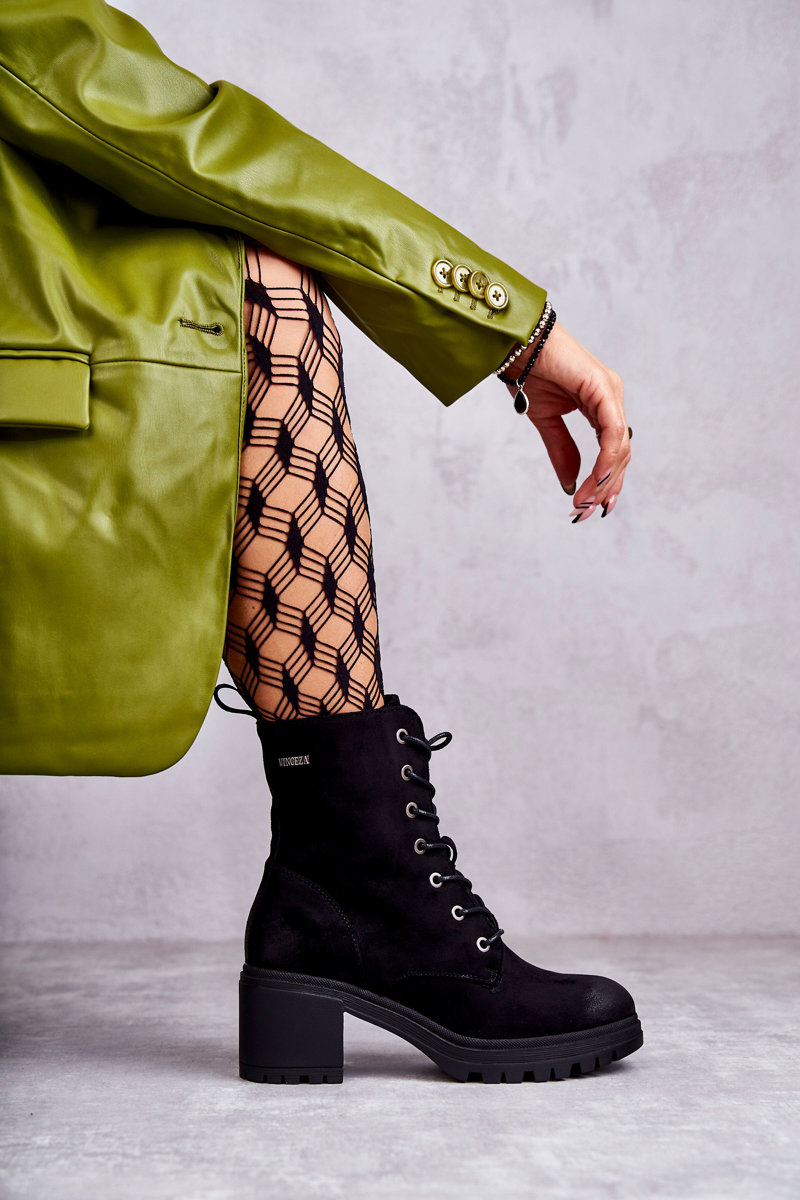 Damskie Zamszowe Botki Na Obcasie Czarne Grethe - obrazek 7