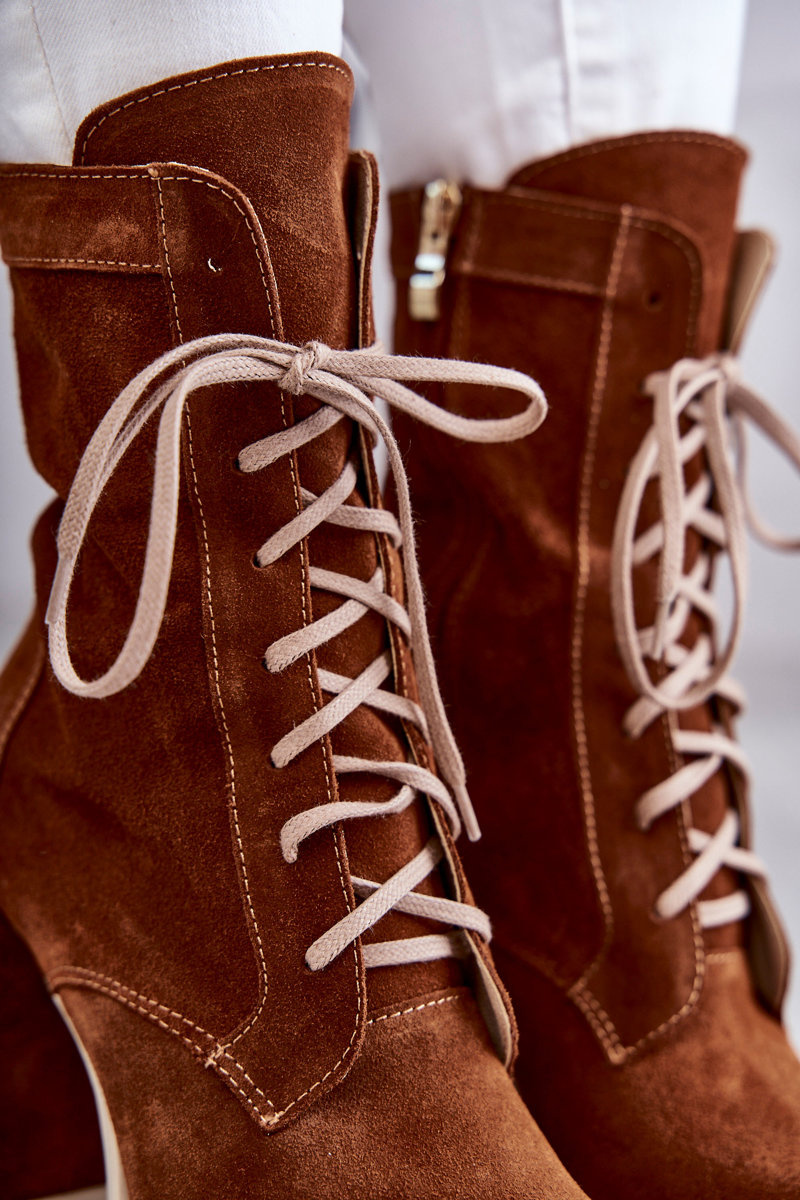 Damskie Zamszowe Botki Na Platformie Brązowe Edna - obrazek 7