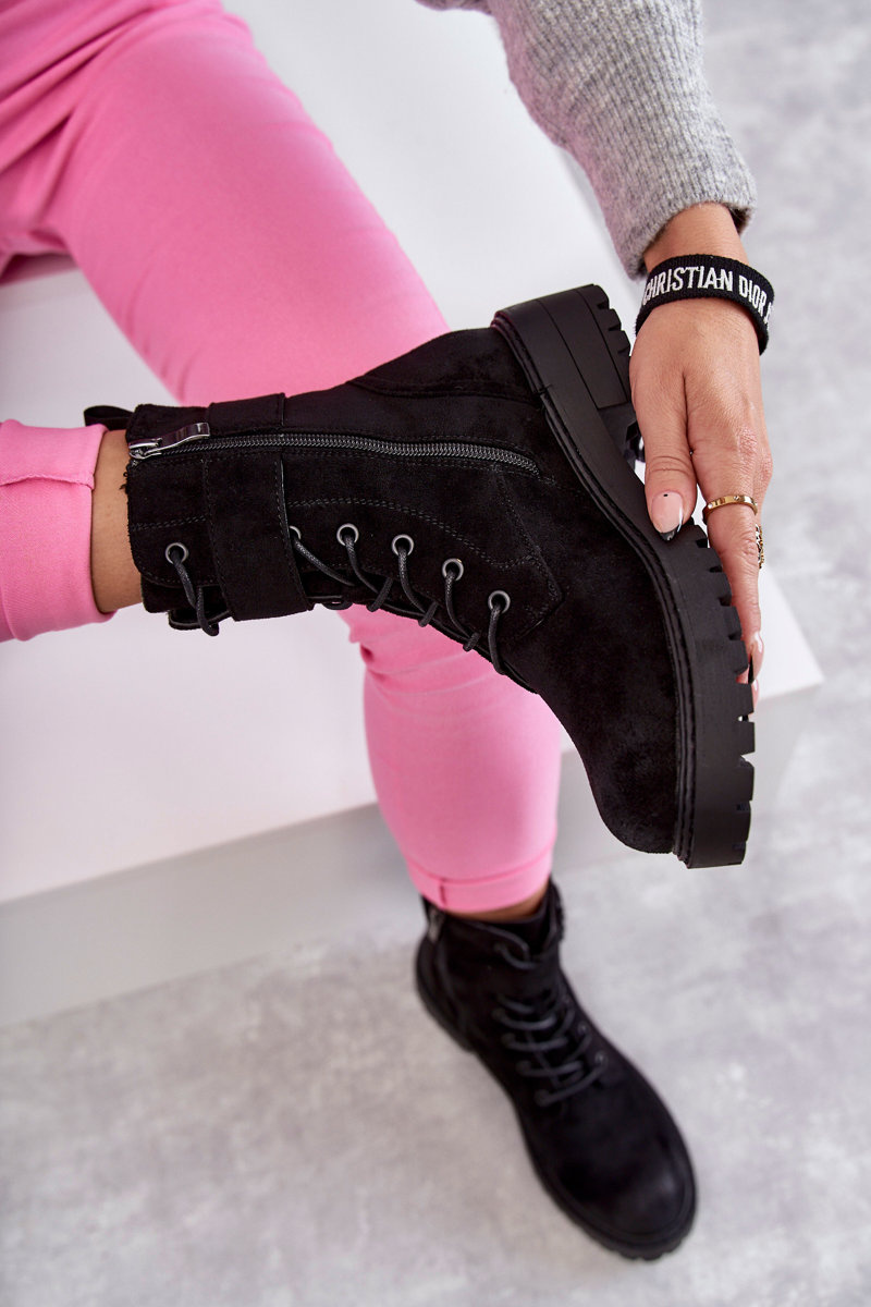 Damskie Botki Zamszowe Sznurowane Na Płaskim Obcasie Czarne Firmina - obrazek 10