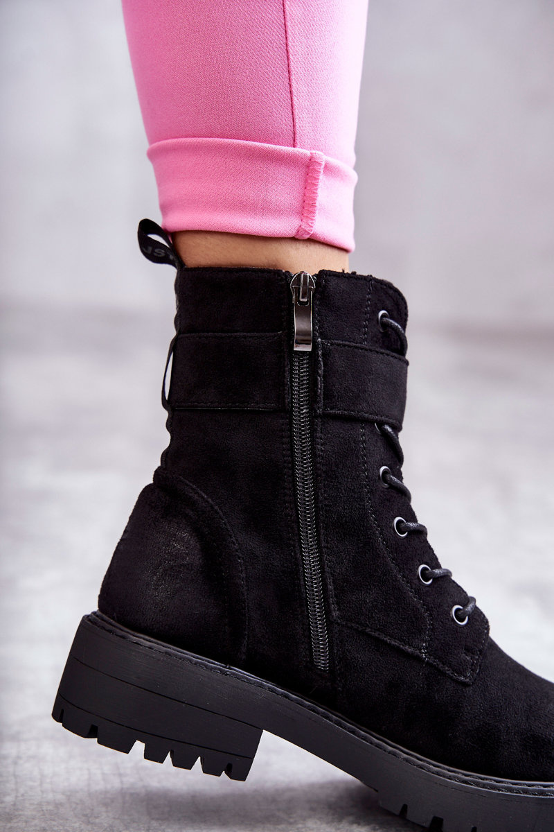 Damskie Botki Zamszowe Sznurowane Na Płaskim Obcasie Czarne Firmina - obrazek 5