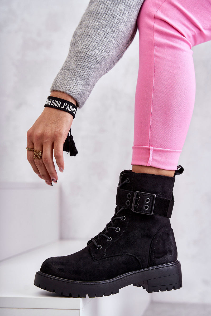 Damskie Botki Zamszowe Sznurowane Na Płaskim Obcasie Czarne Firmina - obrazek 7