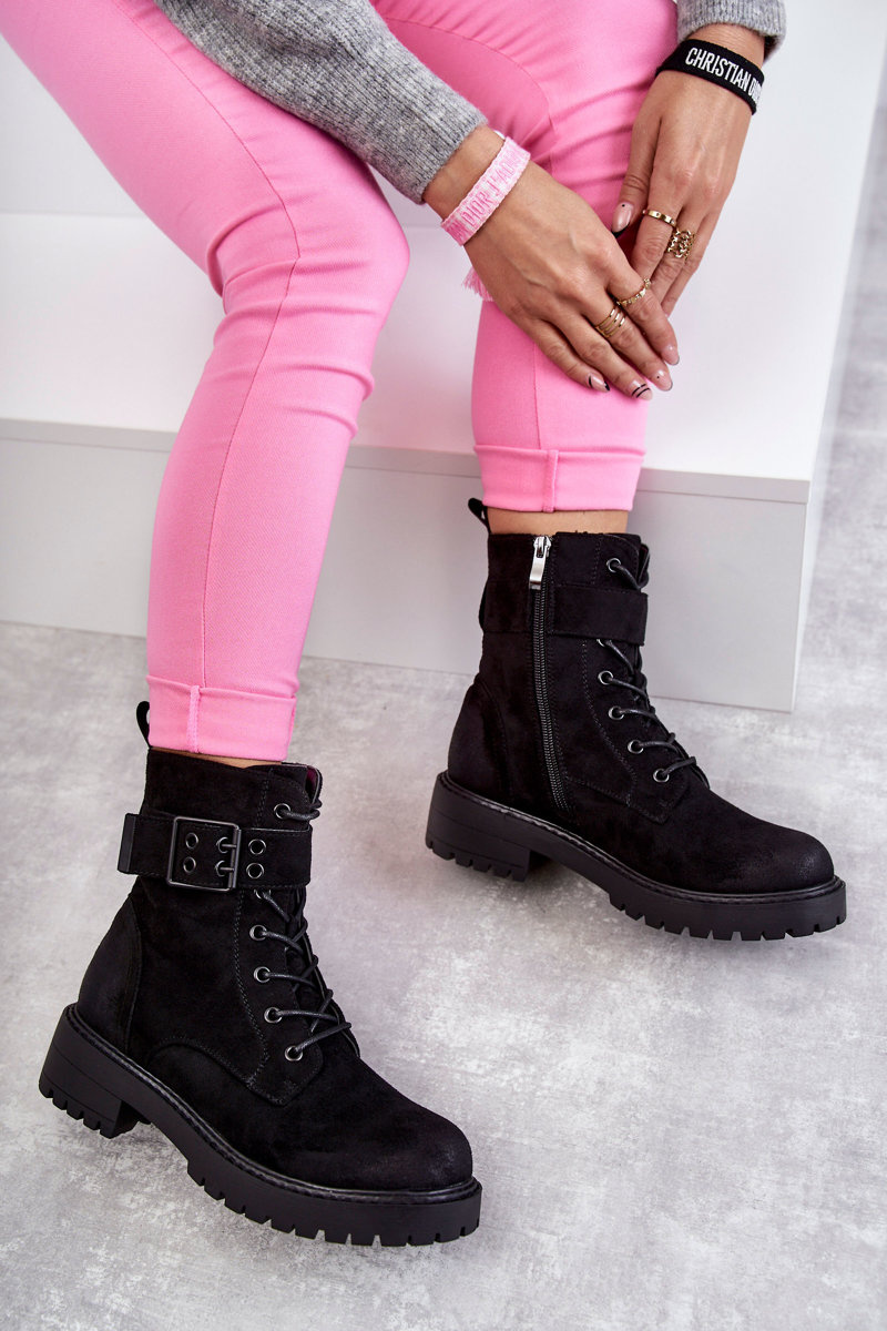 Damskie Botki Zamszowe Sznurowane Na Płaskim Obcasie Czarne Firmina - obrazek 8