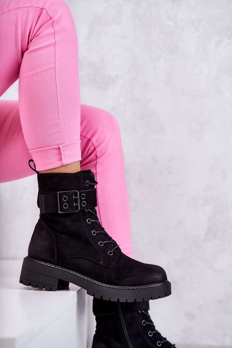 Damskie Botki Zamszowe Sznurowane Na Płaskim Obcasie Czarne Firmina - obrazek 9