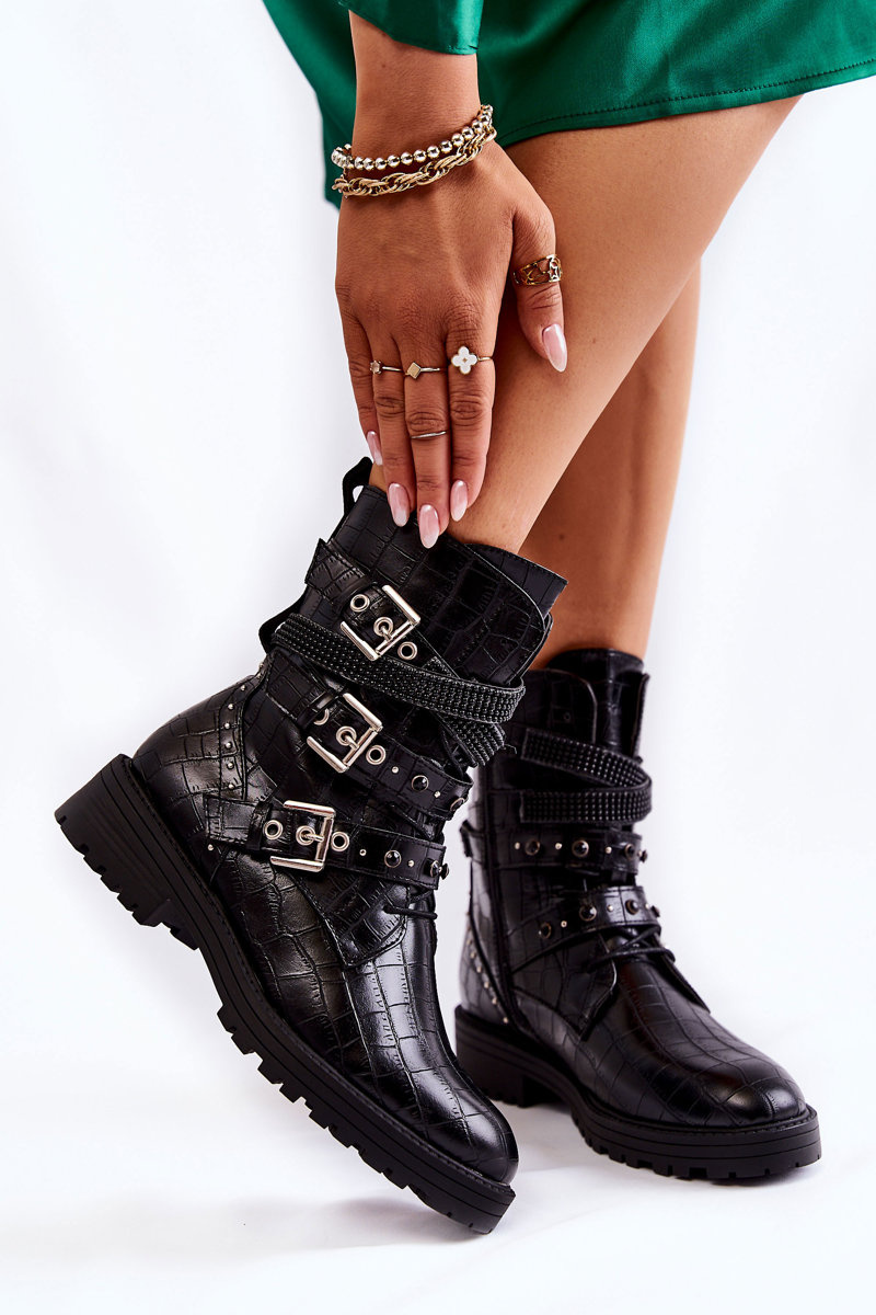Damskie Ocieplane Botki Z Paskami Wężowe Czarne Lamberta - obrazek 4