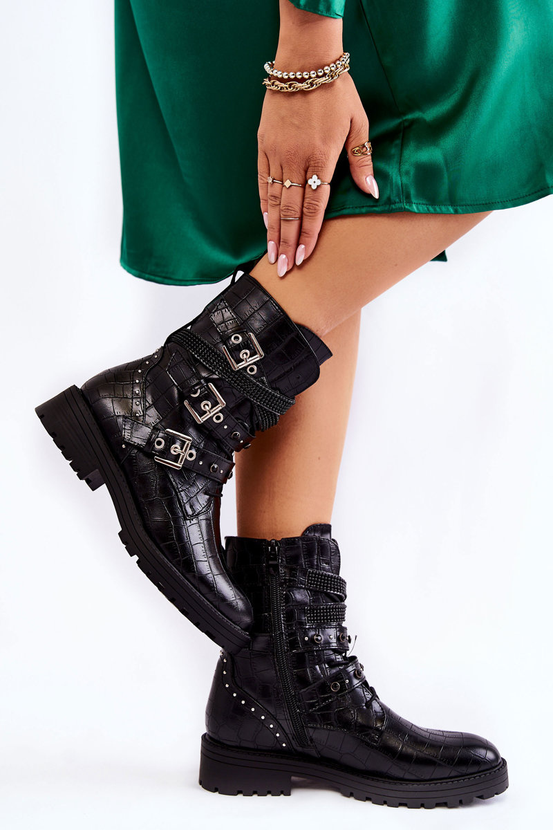 Damskie Ocieplane Botki Z Paskami Wężowe Czarne Lamberta - obrazek 3