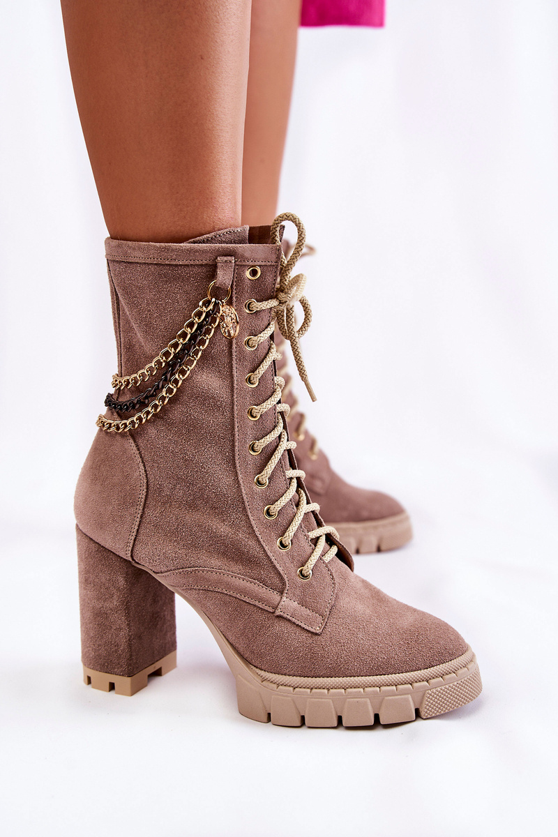 Zamszowe Botki Sznurowane Lewski Shoes 3244/G Beżowe - obrazek 7