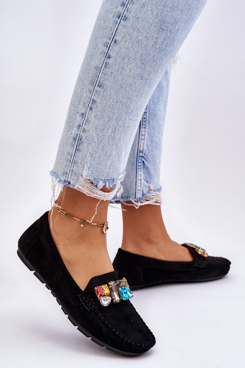 Damskie Zamszowe Mokasyny Z Kryształkami Czarne Lucille - obrazek 5
