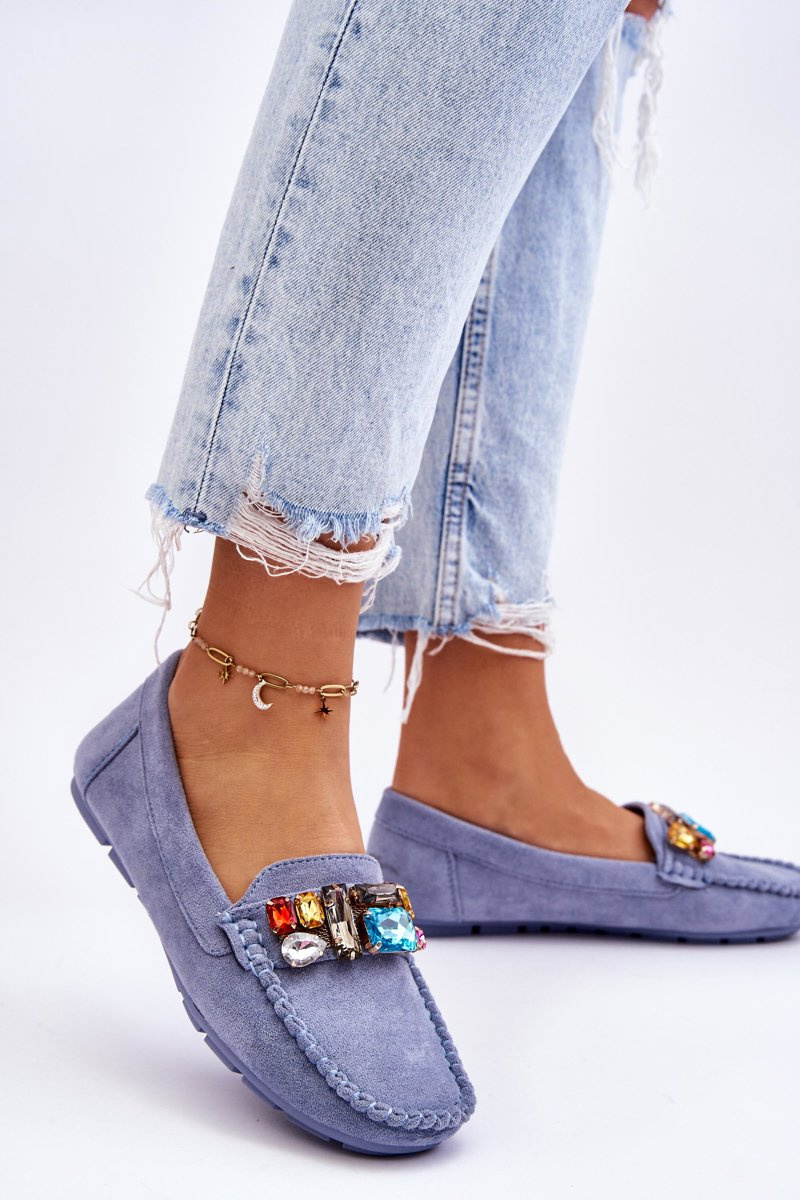Damskie Zamszowe Mokasyny Z Kryształkami Niebieskie Lucille - obrazek 6
