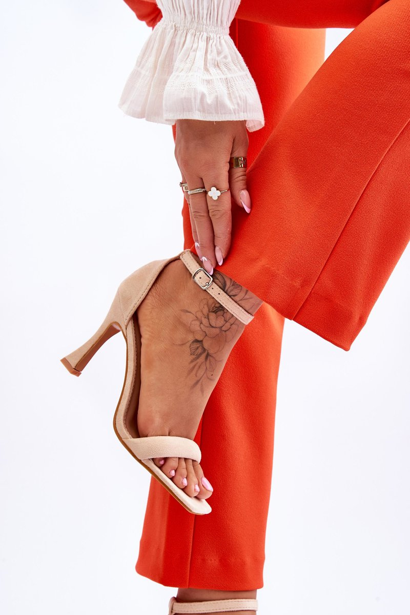 Zamszowe Damskie Sandały Na Obcasie Beżowe Rousses - obrazek 2