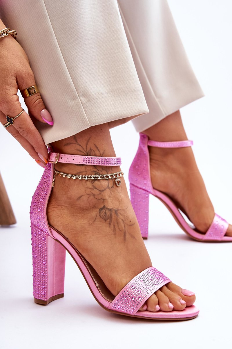 Damskie Sandały Na Obcasie Z Cyrkoniami Różowe Idealistic - obrazek 6