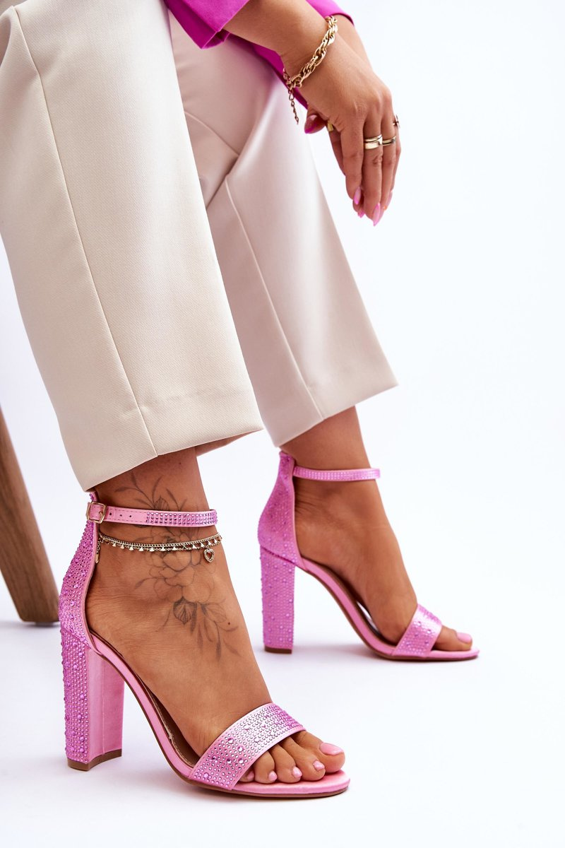 Damskie Sandały Na Obcasie Z Cyrkoniami Różowe Idealistic - obrazek 7