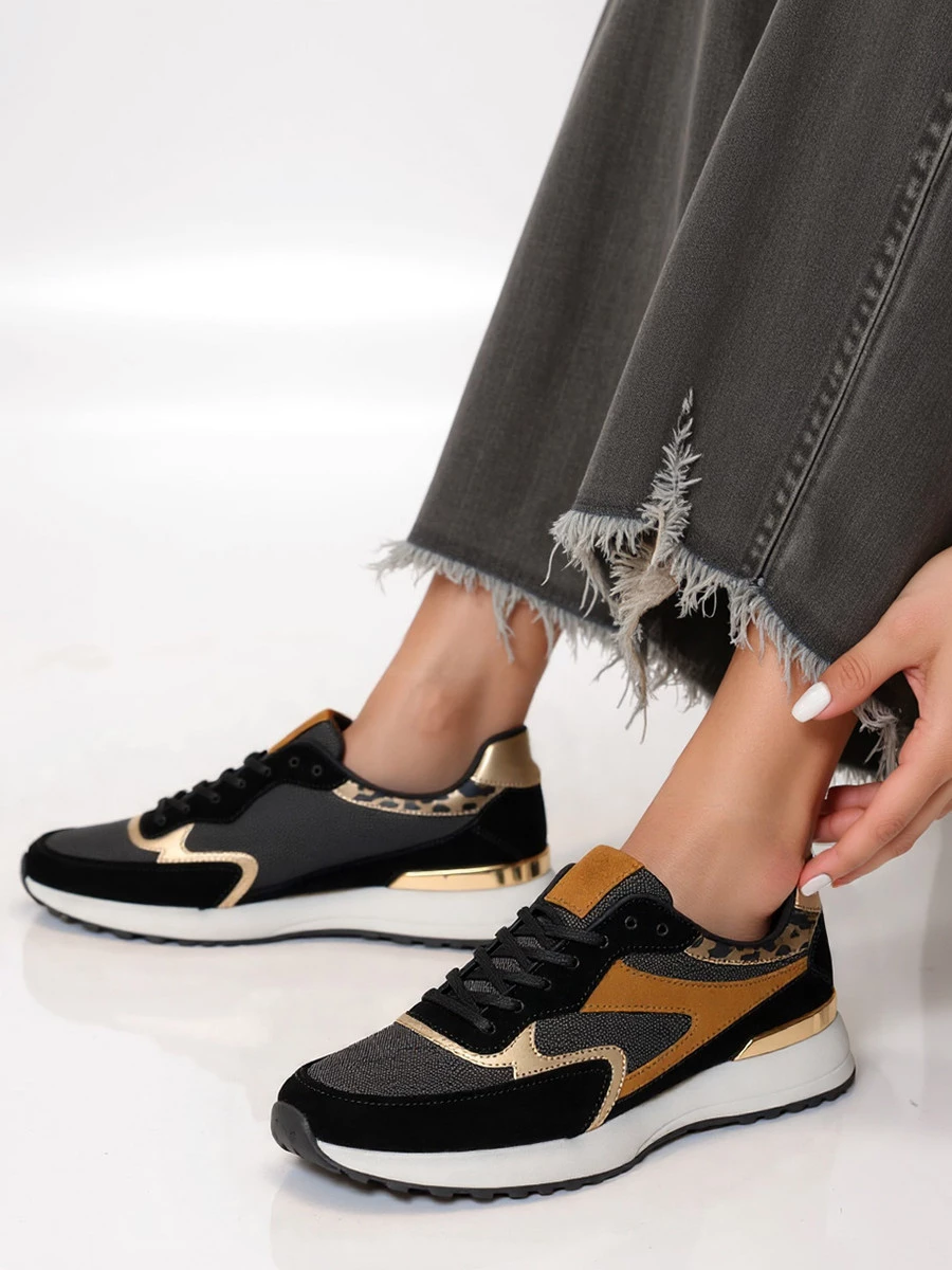 Damskie Sneakersy VELORE - Black & Gold - obrazek 3